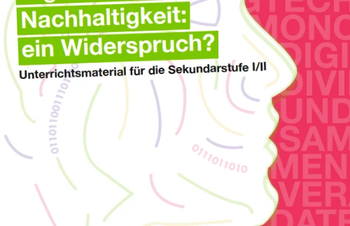 Zu sehen ist das Cover eines Unterrichtsmaterials: Ein Kopf mit angedeuteten Daten und Algorithmen. Unten rechts das Logo der Umweltorganisation Greenpeace.