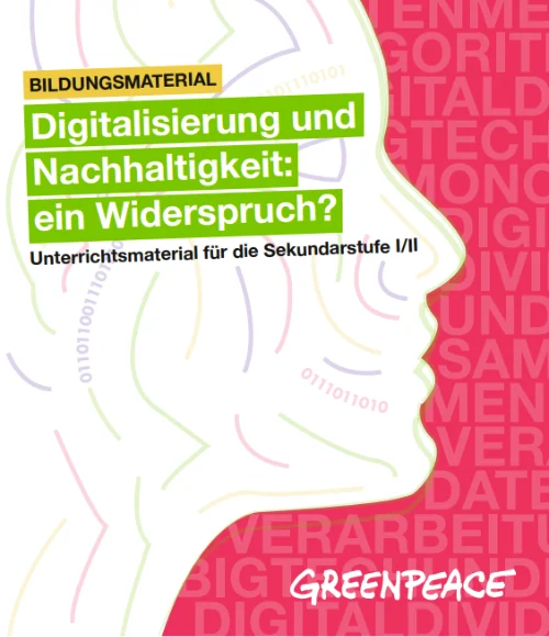 Zu sehen ist das Cover eines Unterrichtsmaterials: Ein Kopf mit angedeuteten Daten und Algorithmen. Unten rechts das Logo der Umweltorganisation Greenpeace.