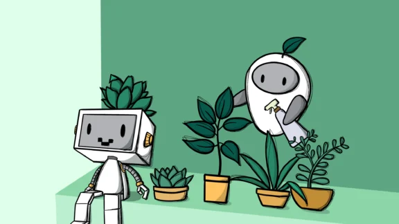 Lernmodul mit Arbeitsblatt: KI und Umwelt Zwei roboterähnliche Figuren haben ein menschliches Antlitz mit Augen und Mund. Sie sind froh und kümmern sich um Pflanzen. Der Hintergrund des Bildes ist grün gehalten.