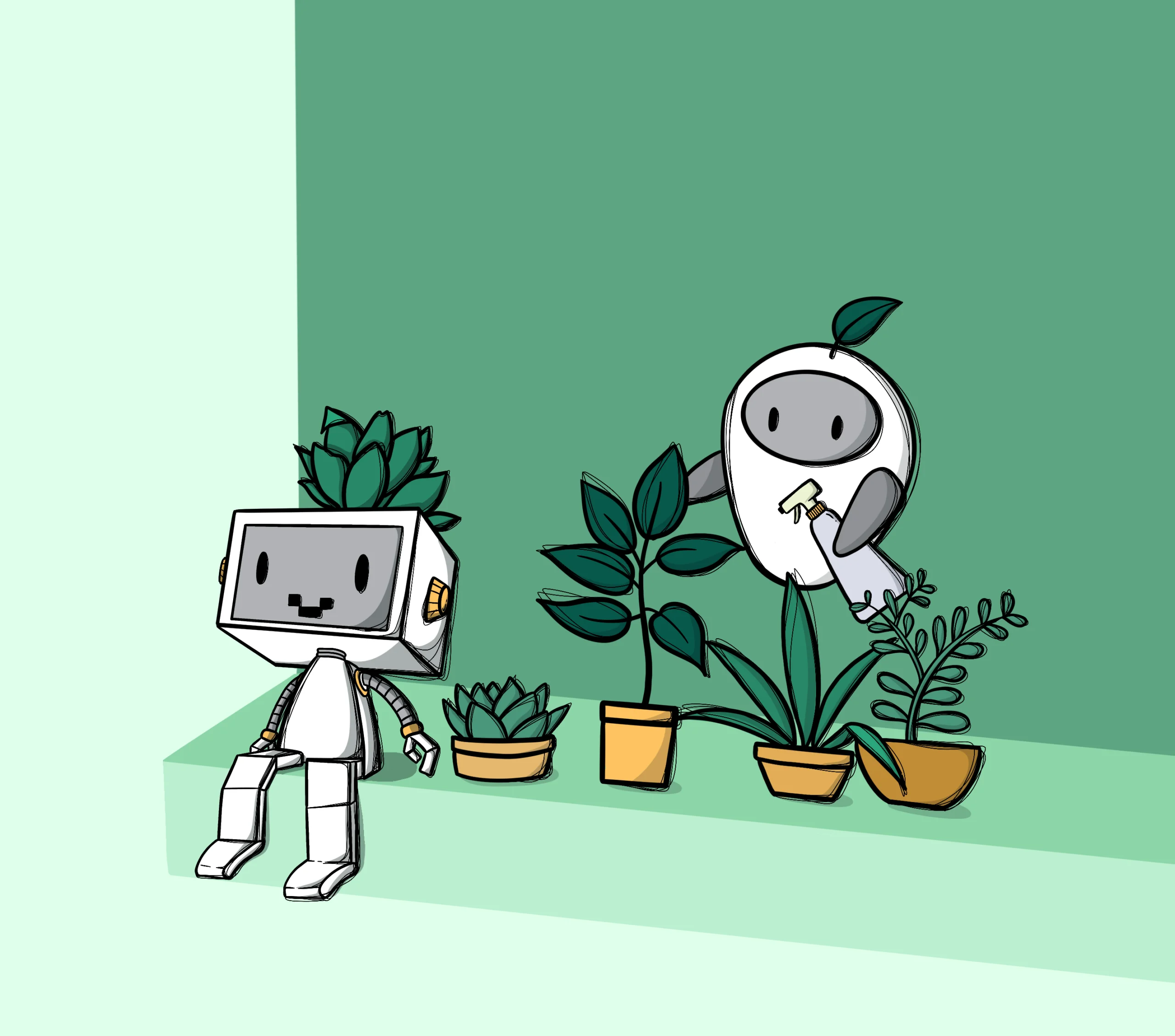 Zwei roboterähnliche Figuren haben ein menschliches Antlitz mit Augen und Mund. Sie sind froh und kümmern sich um Pflanzen. Der Hintergrund des Bildes ist grün gehalten.