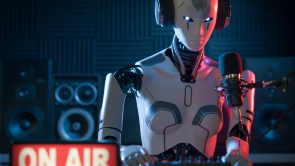 KI im Unterricht – Lehrkräfte berichten aus der Praxis AI robot working at the radio station studio