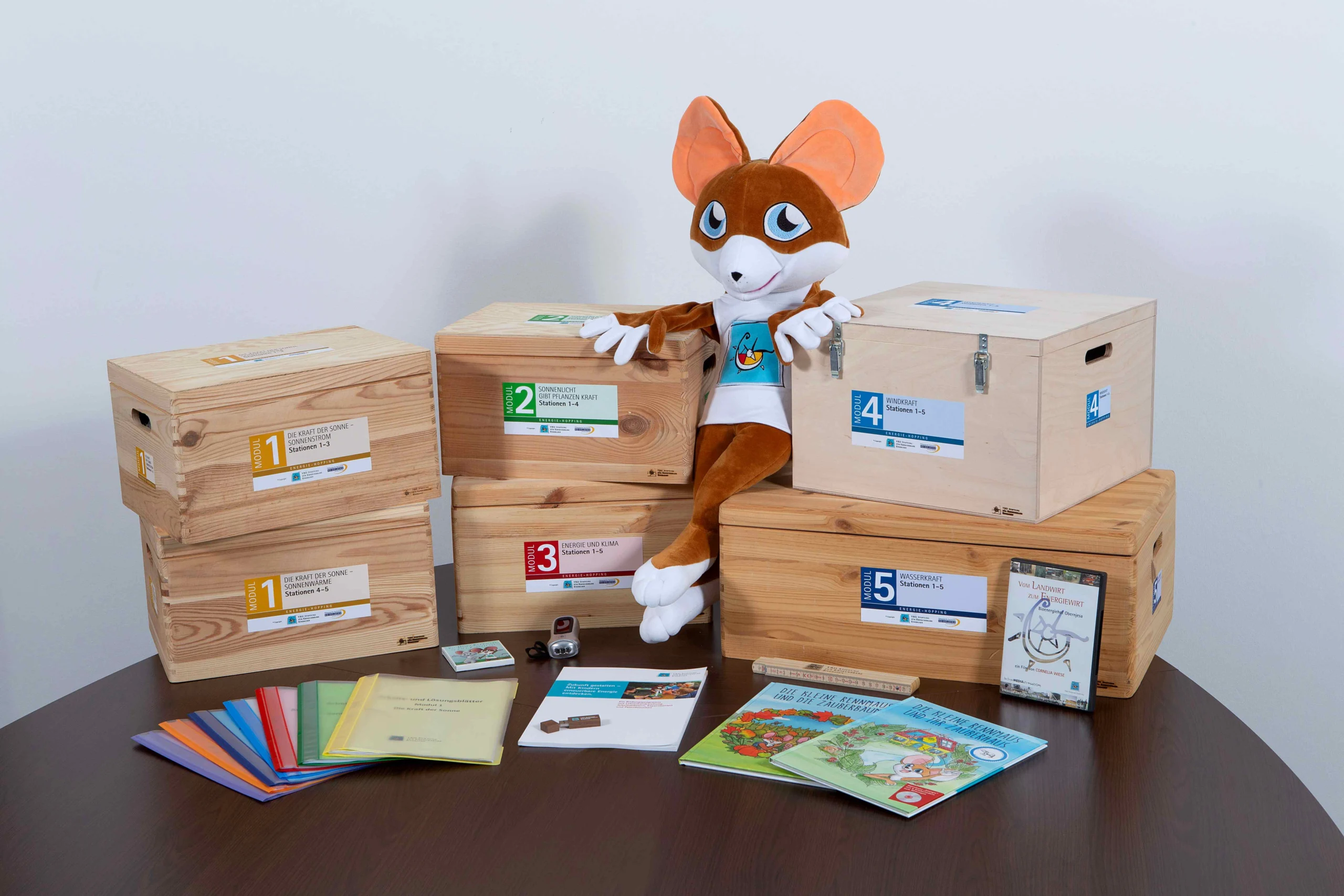 Lernmaterialset „Energie-Hopping" bestehend aus fünf beschrifteten Holzkisten (Modul 1-5) zu Themen wie Sonnenkraft, Windkraft und Wasserkraft, einem Plüsch-Maskottchen in Form einer Maus sowie begleitenden Unterrichtsmaterialien wie Arbeitsheften, Bildkarten und einem Kinderbuch, angeordnet auf einem dunklen Tisch vor weißem Hintergrund.