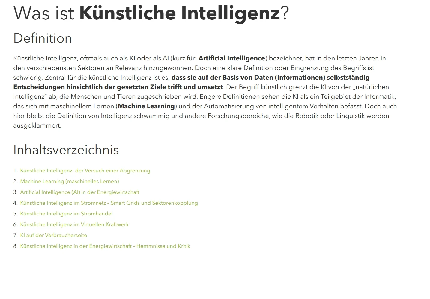 Screenshot der Webseite next Kraftwerke zu dem Thema Artificial Intelligence (AI) in der Energiewirtschaft 09.04.2025