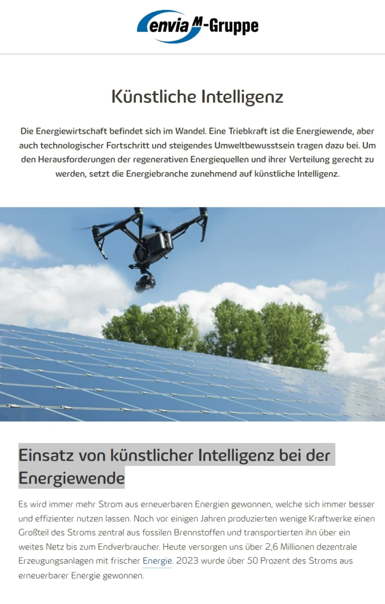 Screenshot der Webseite der Enviam Gruppe zur Künstlichen Intelligenz 09.04.2025