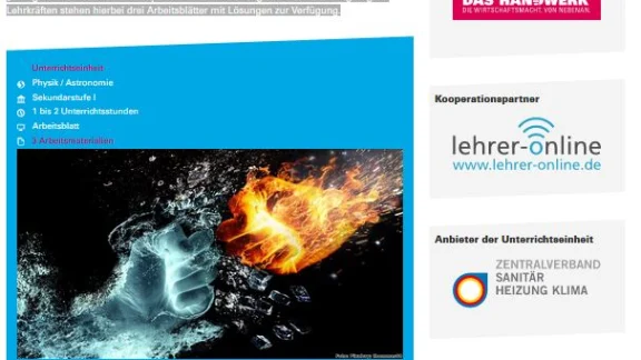 Linktipp: Wärme, Temperatur, Energie - Handwerk macht Schule Unterrichtseinheit ""Wärme", "Temperatur"; "Energie""; Handwerk macht Schule