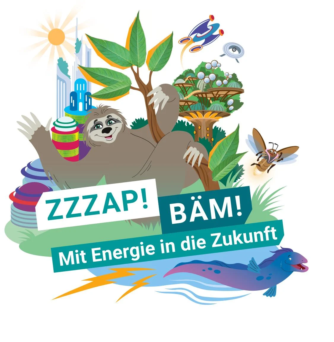 Faultier am Baum in einer Zukunftwelt