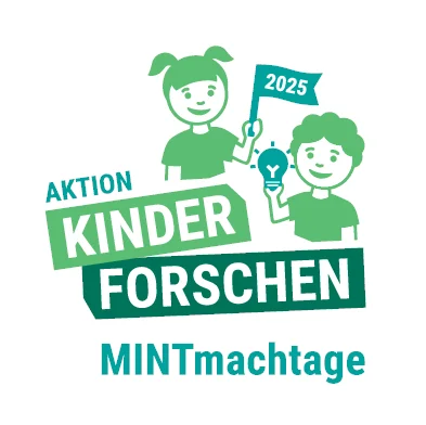 Logo mit Jungen und Mädchen mit Glühbirne und Flagge