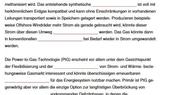 Arbeitsblatt: Power-to-Gas-Technologie Power-to-Gas-Lückentext