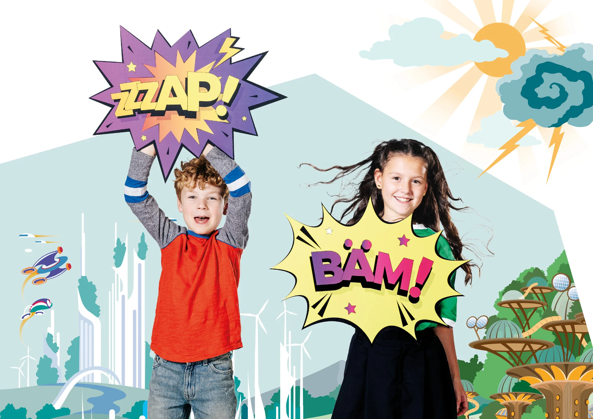 Kinder freuen sich weil es Energie gibt und die Sonne scheint