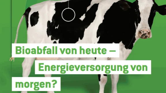 Zu sehen ist ein in grün gehaltenes Arbeitsblatt mit einer weiß-schwarz gefleckten Kuh vornedrauf. Der Titel lautet: Bioabfall von heute - Energieversorgung von morgen?