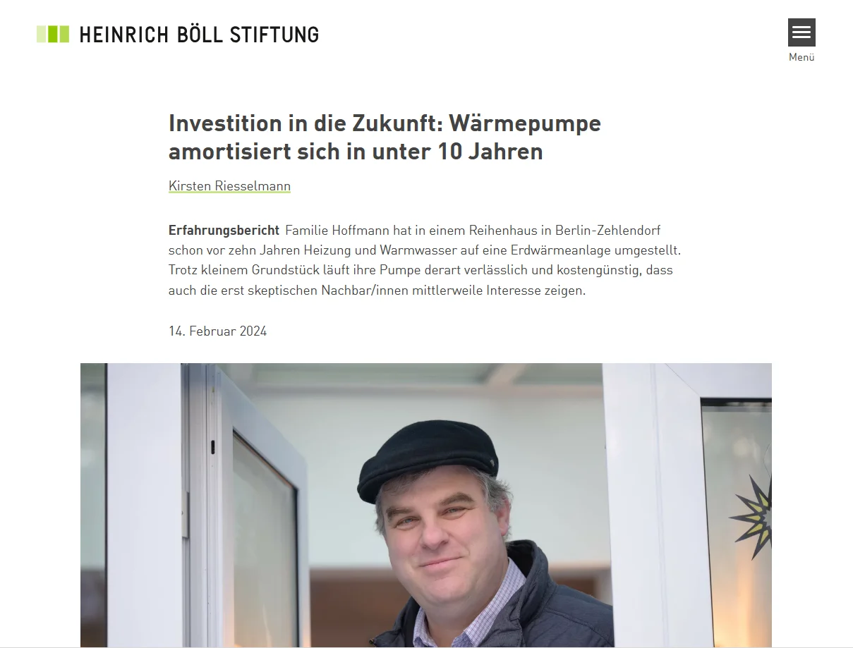 Screenshot eines Berichts der Heinrich-Böll-Stiftung zur Wärmepumpe.