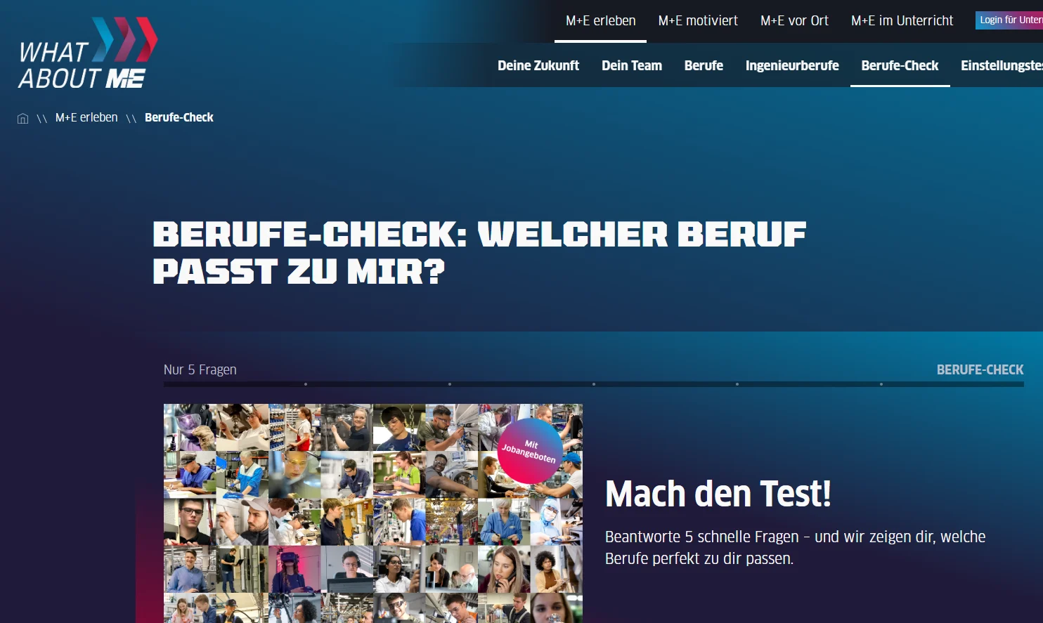 Screenshot von What about me: Berufe-Check mit fünf Fragen.