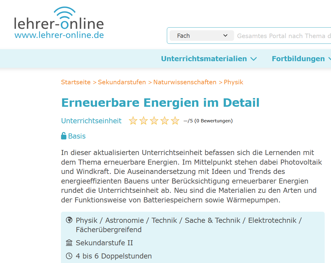 Lehrer-Online-Material zu erneuerbaren Energien, Sekundarstufe II.