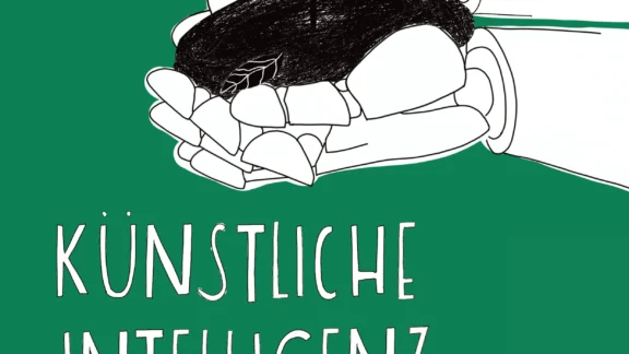Ein roboterhafte, aus mechanischen Teilen zusammengesetzte Hand hält Erde mit einer Pflanze in der Hand.
