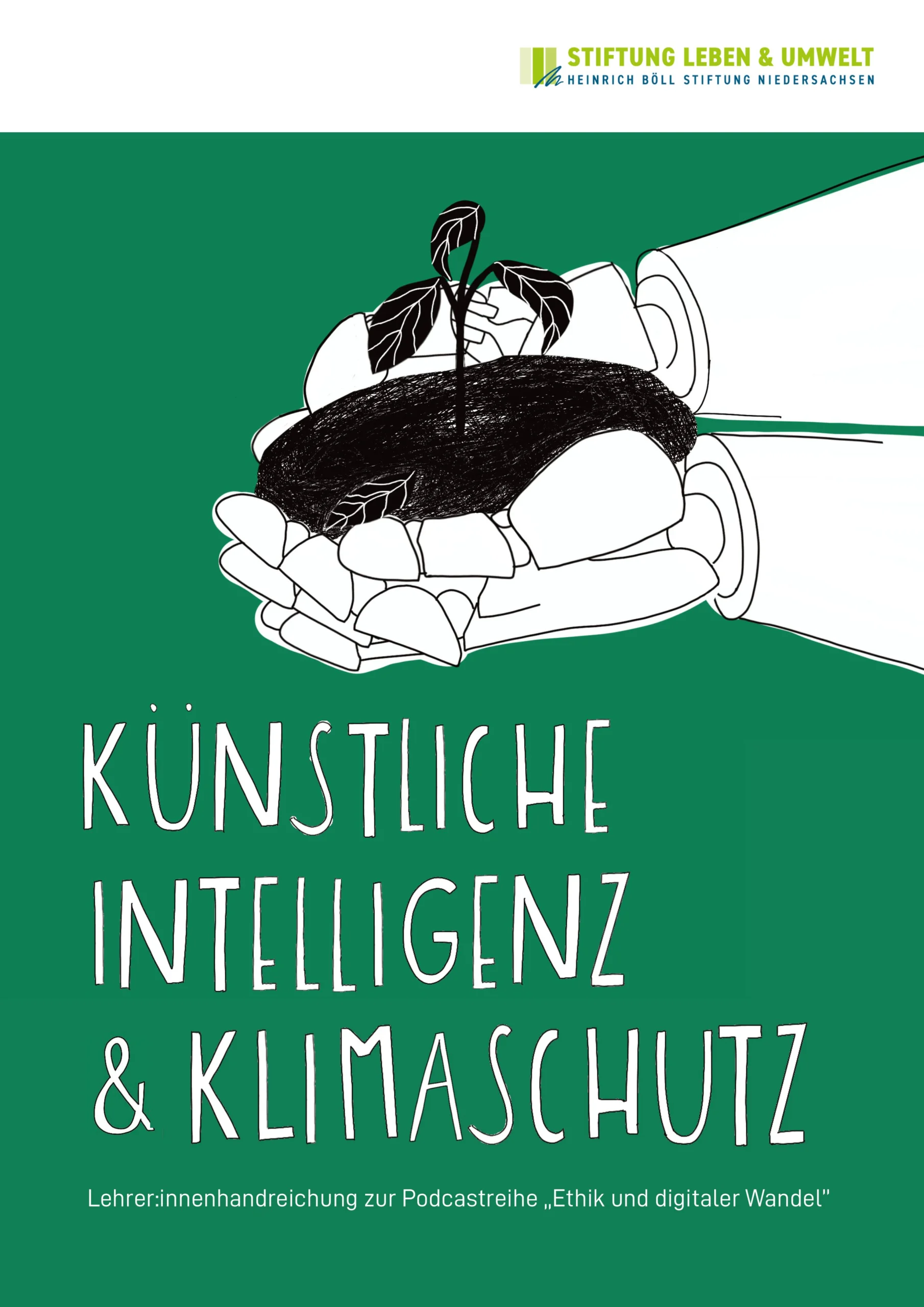 Ein roboterhafte, aus mechanischen Teilen zusammengesetzte Hand hält Erde mit einer Pflanze in der Hand.