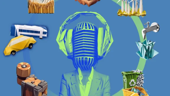 Auf dem Bild ist ein Mensch im Anzug zu sehen, der einen Kopf als Podcast-Mikrofon hat und darauf große Kopfhörer. Um die Person herum sind im Kreis Symbole zu sehen, die mit dem Thema Energie zu tun haben, unter anderem Windanlagen, ein Wasserhahn, ein Auto, wie Müll zu Energie wird und vieles mehr.