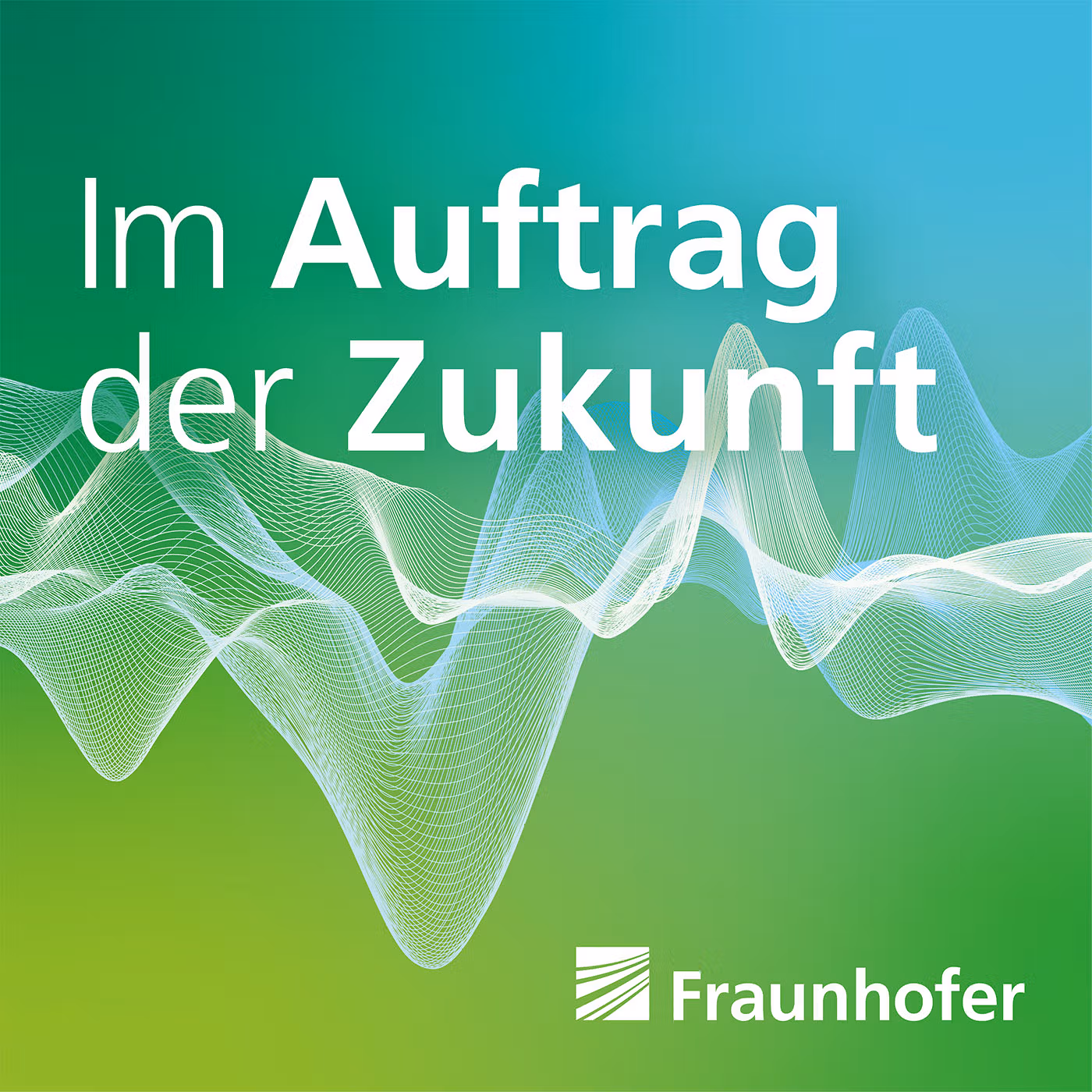 Ein dunkles grün (oben) geht in ein helles über. Zu sehen sind darüber hinaus Schwingungen, Wellen, die womöglich Radiowellen nachempfunden sind. Unten rechts ist das Logo des Fraunhofer-Instituts platziert.